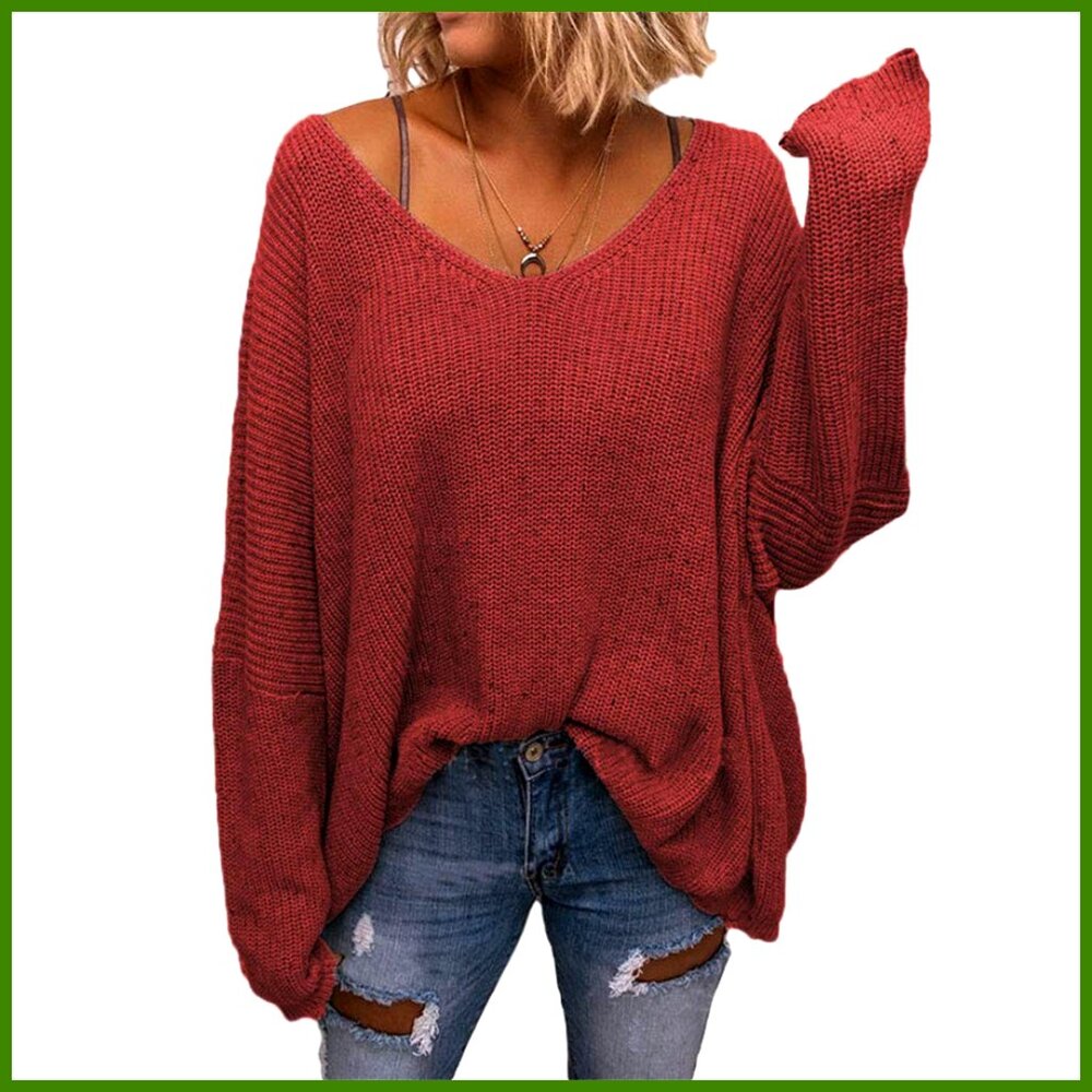 V-Neck Long Sleeve Knit Oversized Pullover Sweater Top